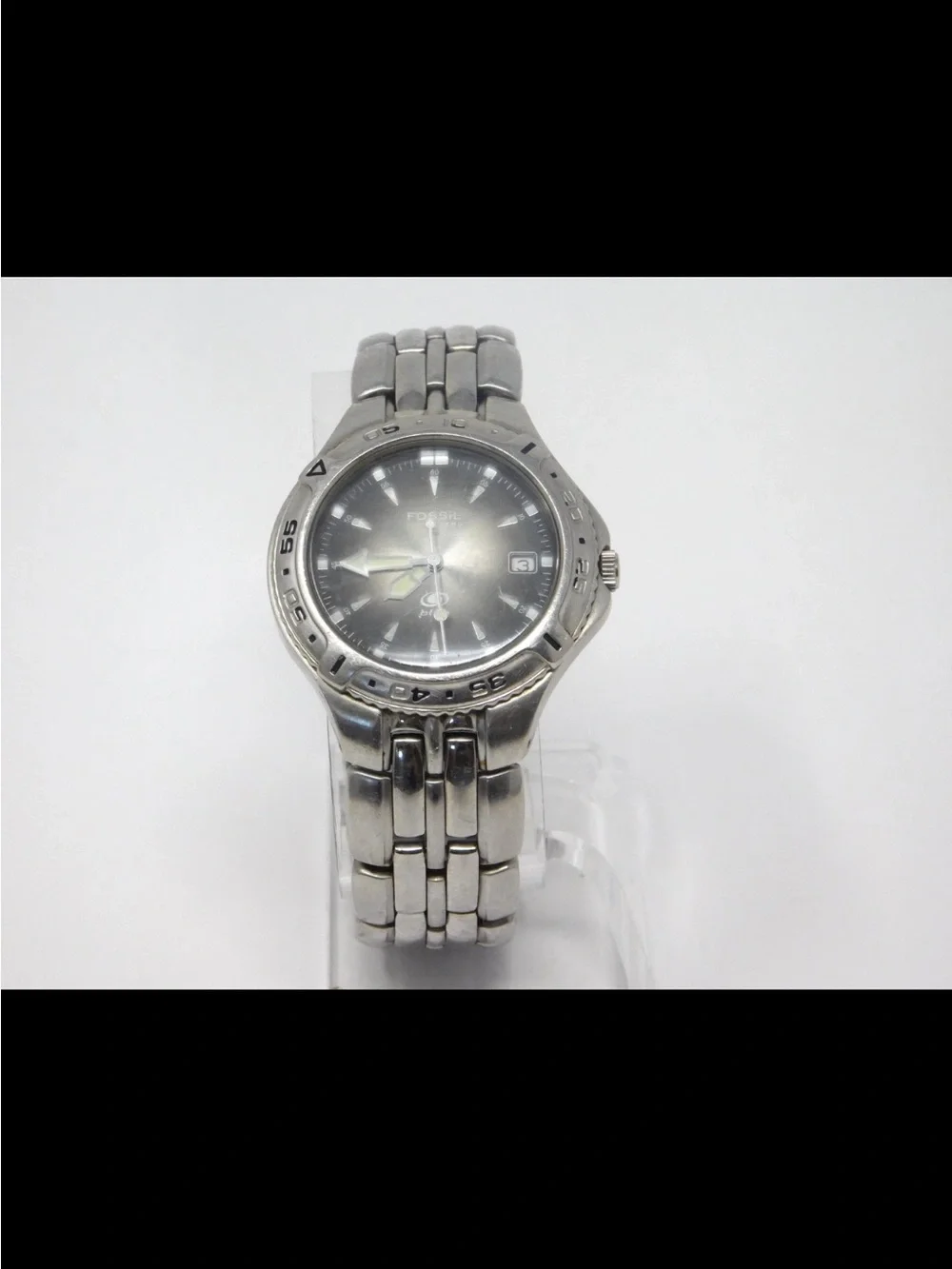 Fossil Blue Mens Watch AM-3624 Vintage Luminous Stainless Steel Black Dial 100m
